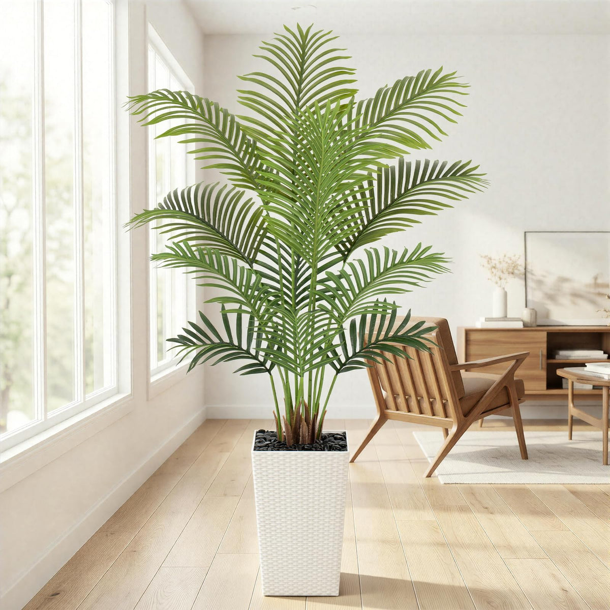 Keeplush 5ft Artificial Palm Tree with White Planter - Tall Fake Palm Tree Indoor Fake Tropical Plant for Home Office Living Room Bedroom Modern Decor