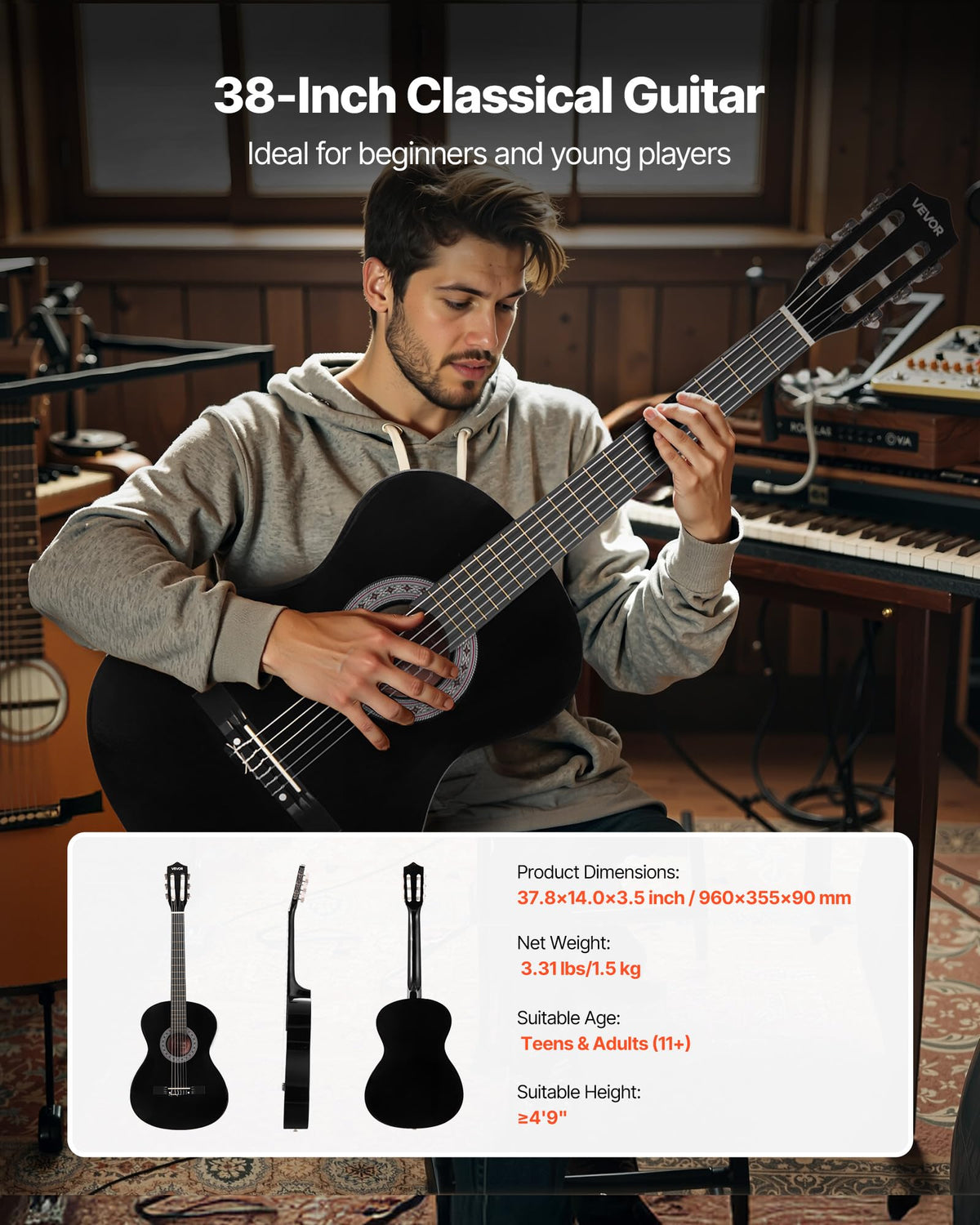 VEVOR Classical Guitar, 38 Inch, Wood Classical Guitar Starter Kit for Beginners, with Nylon Strings, Gig Bag, Strap, Tuner, Extra Strings, Picks, Capo, Basswood, for Teenagers Adults Students, Black