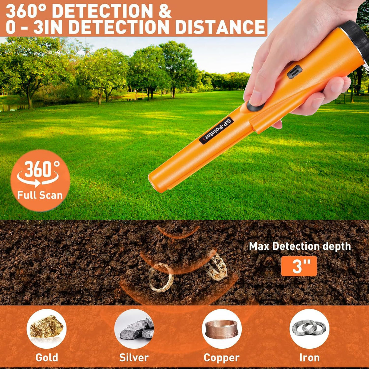 JYVY Power Pro GP-Pointers Metal Detector Pinpointer – Waterproof 360° High Accuracy Search Probe for Treasure Hunting, Professional Handheld Pinpointer Wand, with 9V Battery (Space Black)