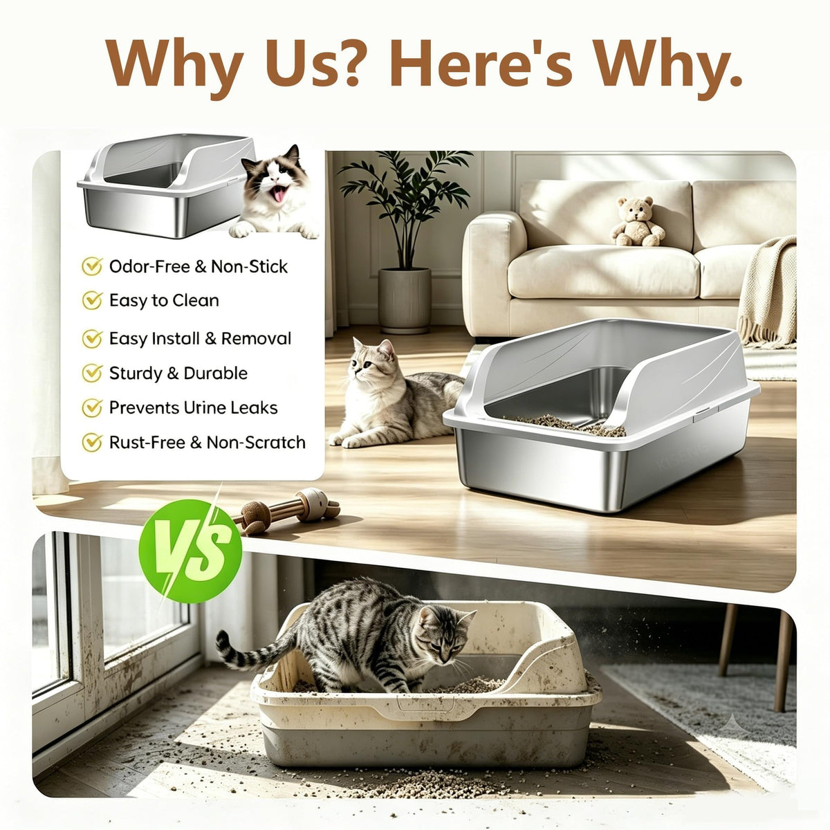 KISENG 2-Pack Stainless Steel Litter Box Large Easy Clean 2-Scoop Included