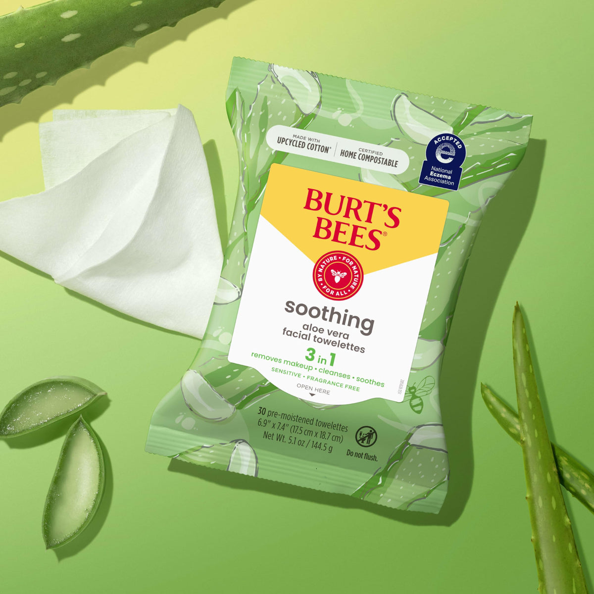 Burt's Bees, Aloe Vera Face Wipes, for Sensitive Skin, Soothing Makeup Remover & Facial Cleansing Towelettes, 30 Count (1 Pack)