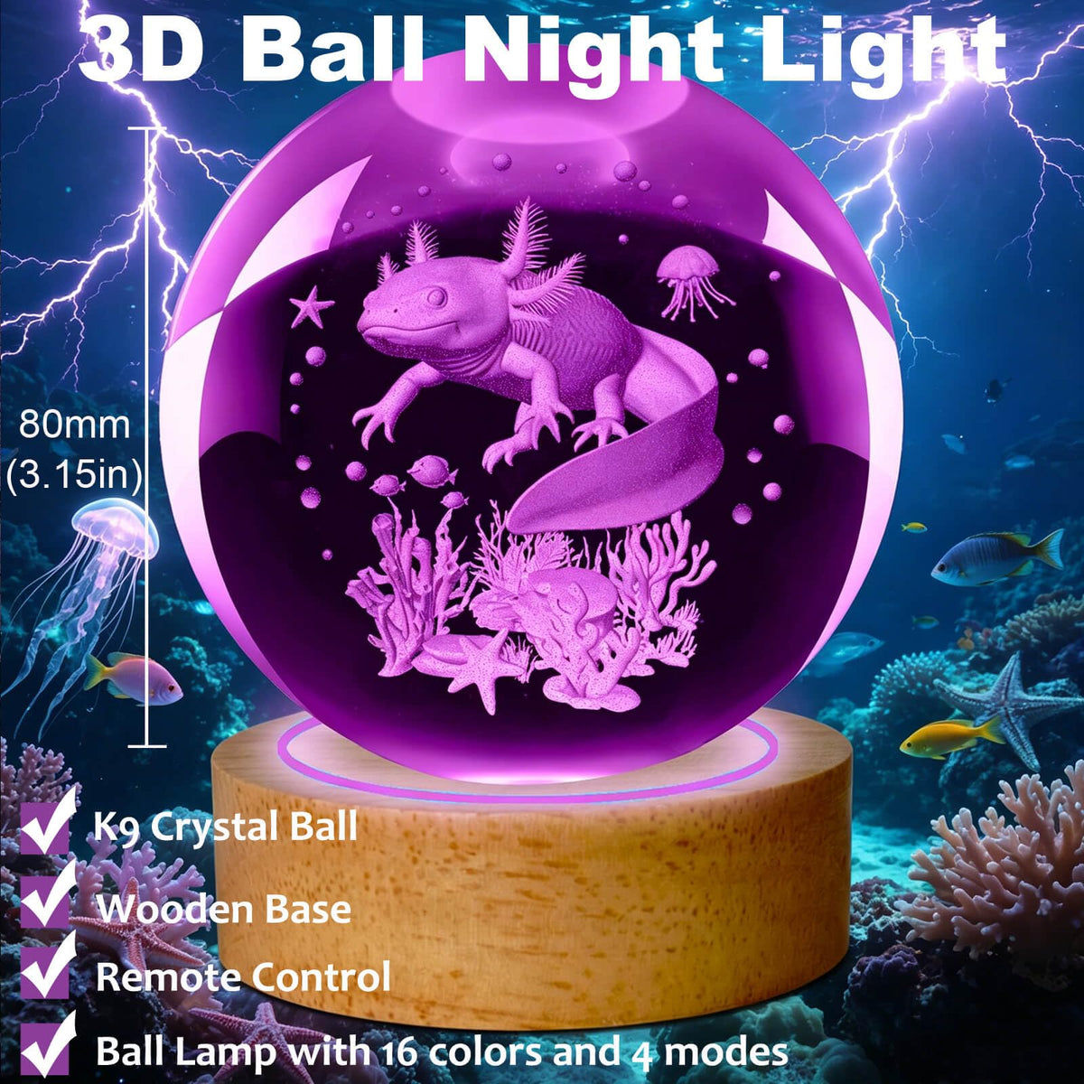 LINSINA Dragon Lamp, 3.15in 16 Colors Crystal Ball Night Light with Wooden Base and Remote Control, Birthday Gift and Dragon Gifts for Women Men Kids (New Axolotl)