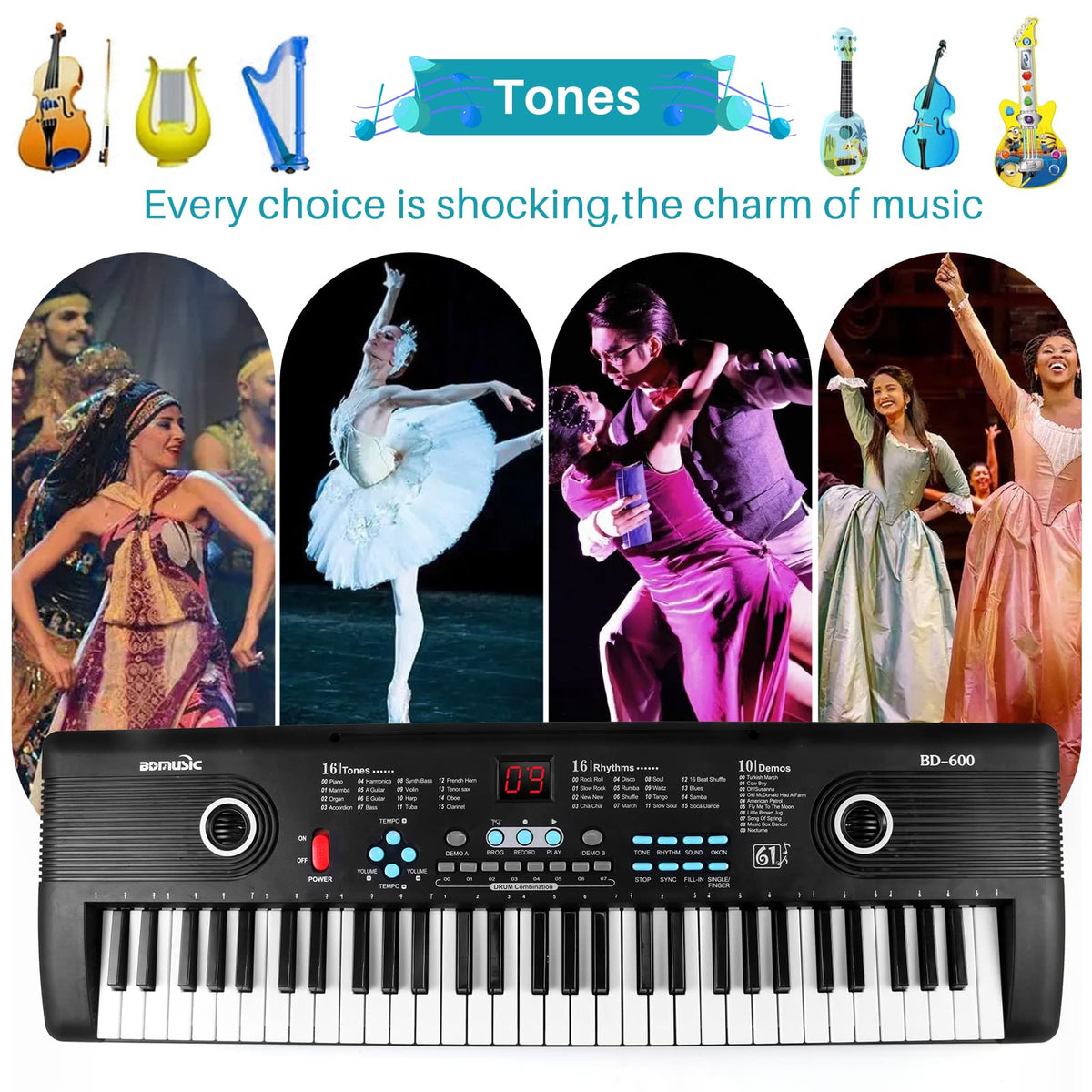 61 key keyboard Piano,Portable Electronic Digital Piano,Built In Dual Speakers,External Microphone,Power Plug,Rich Teaching Content,Multi-Functional Electronic Piano Suitable For Beginners
