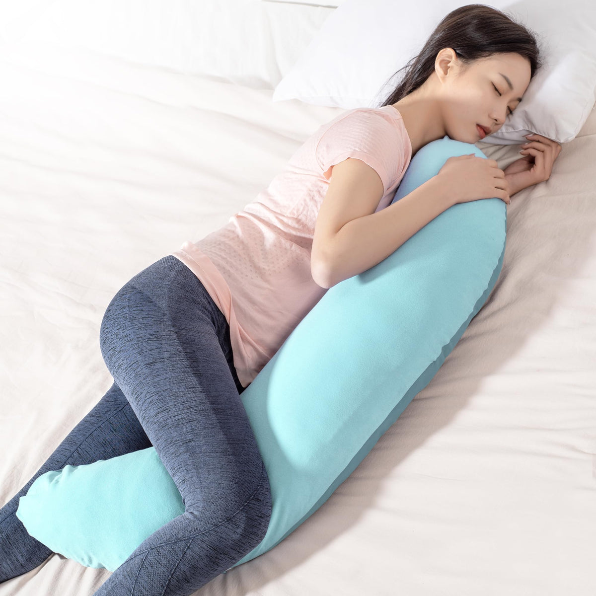 BYRIVER 43" Mint Green Cooling Side Sleeping Body Pillow for Adults Women Men, Contour Curved J Shaped Hugging Pillow for Pregnancy Belly Leg Knee Support (XL)