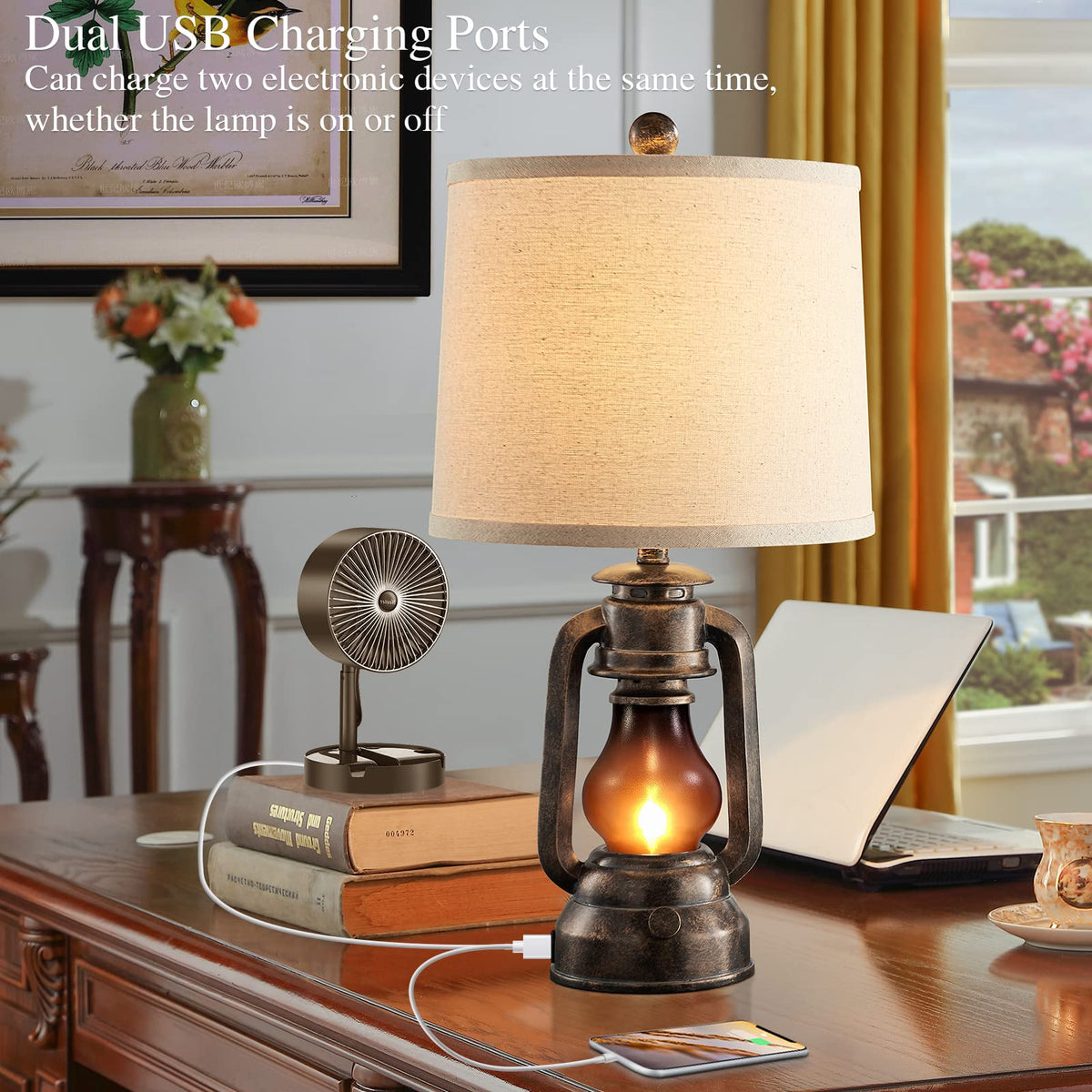 RORIANO Farmhouse Lantern Table Lamps for Living Room Set of 2 with USB C+A