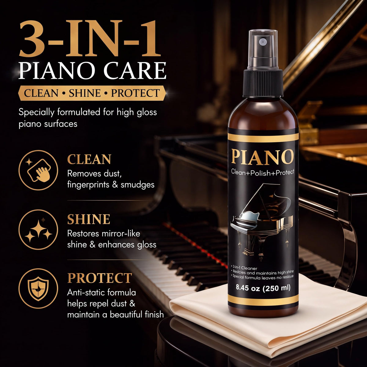 HappyAlley 8.45 oz Piano Cleaner Polish Kit for High Gloss Finishes