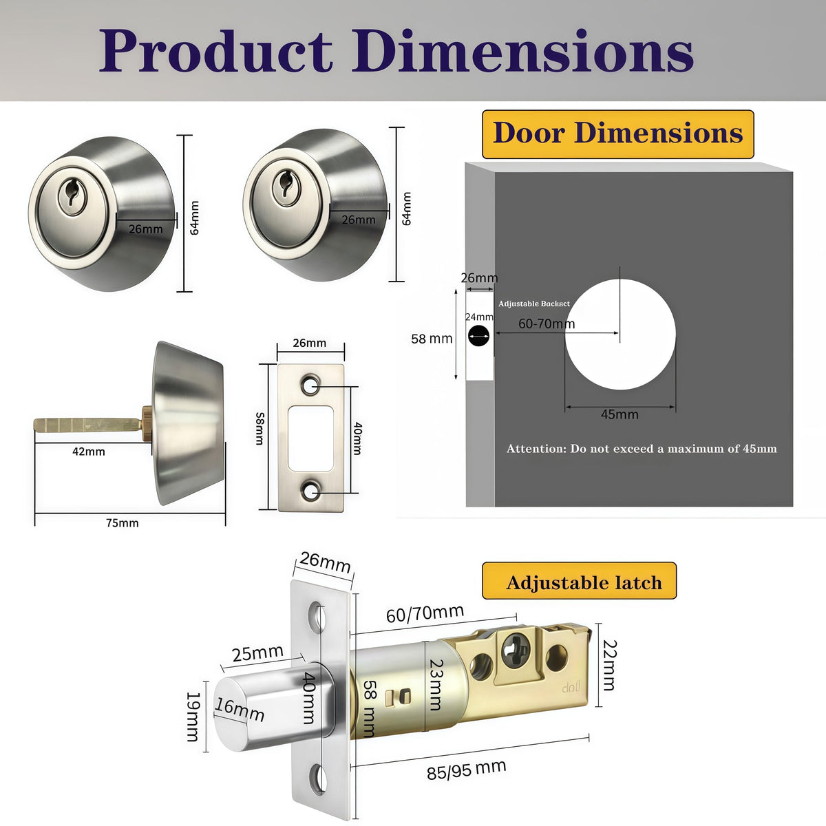Eiqikayo Silver Steel Double-Head Cylinder Deadbolt,keyed 2 Sides