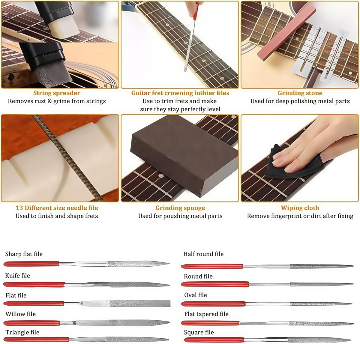 Guitar Repairing Maintenance Tool Kit 72Pcs Guitar Repair Kit Including Guitar Strings, Plectrums, Bridge, Guitar Code For Acoustic Electric Guitar Bass Ukulele