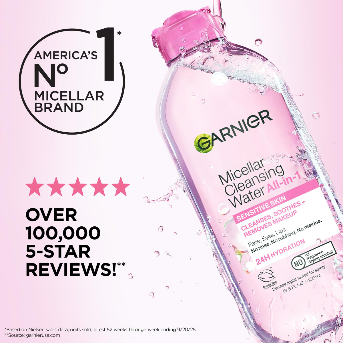 Garnier Micellar Water, Hydrating Facial Cleanser & Makeup Remover, Suitable for Sensitive Skin, Vegan, Cruelty Free, 13.5 Fl Oz (400mL), 2 Count
