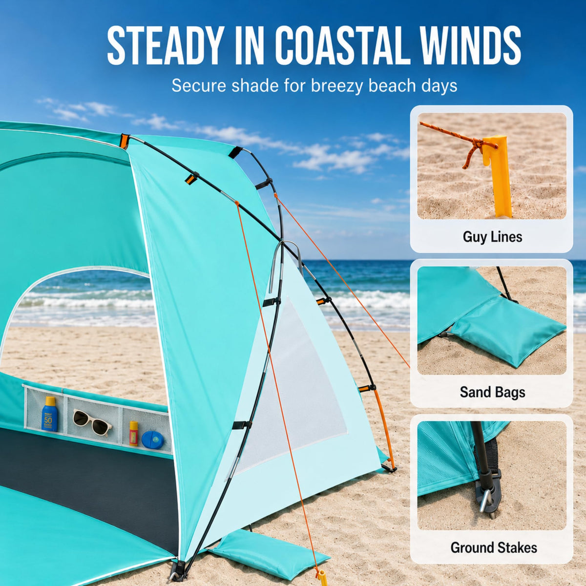 Beach Tent, Portable Sun Shelter for 2/3/4/6-8 Person with UPF 50+ UV Protection, Easy Setup Waterproof Beach Shade Canopy Cabana for Family Outdoor and Picnics, Fishing with Carrying Bag