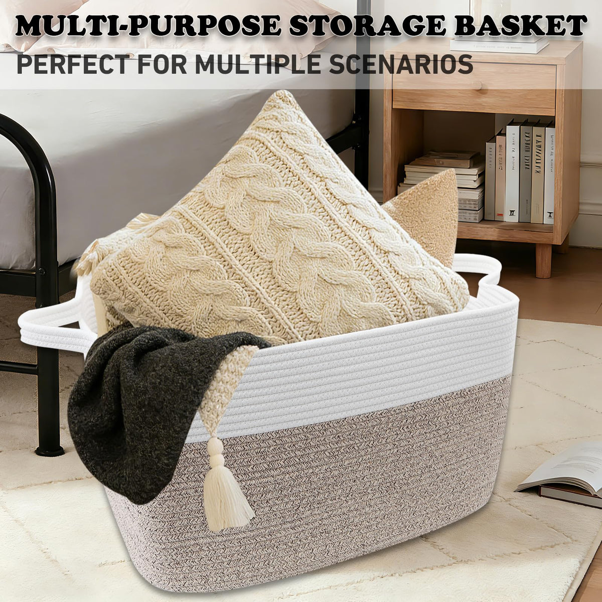 HZFTJOY 65L Laundry Basket with Handles, Woven Blanket Basket, White/Brown