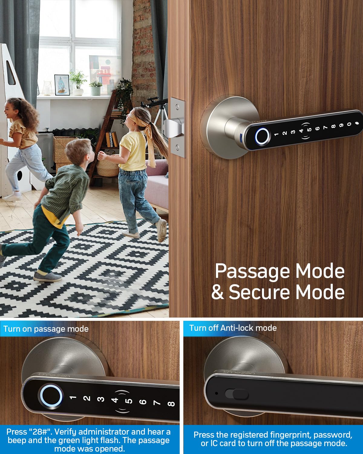 TMEZON Smart Door Lock Fingerprint, Keyless Entry Door Lock with Handle APP/IC Cards/Codes/Keys/Fingerprints Biometric Electronic Smart Lock for Bedroom Home Hotel Office