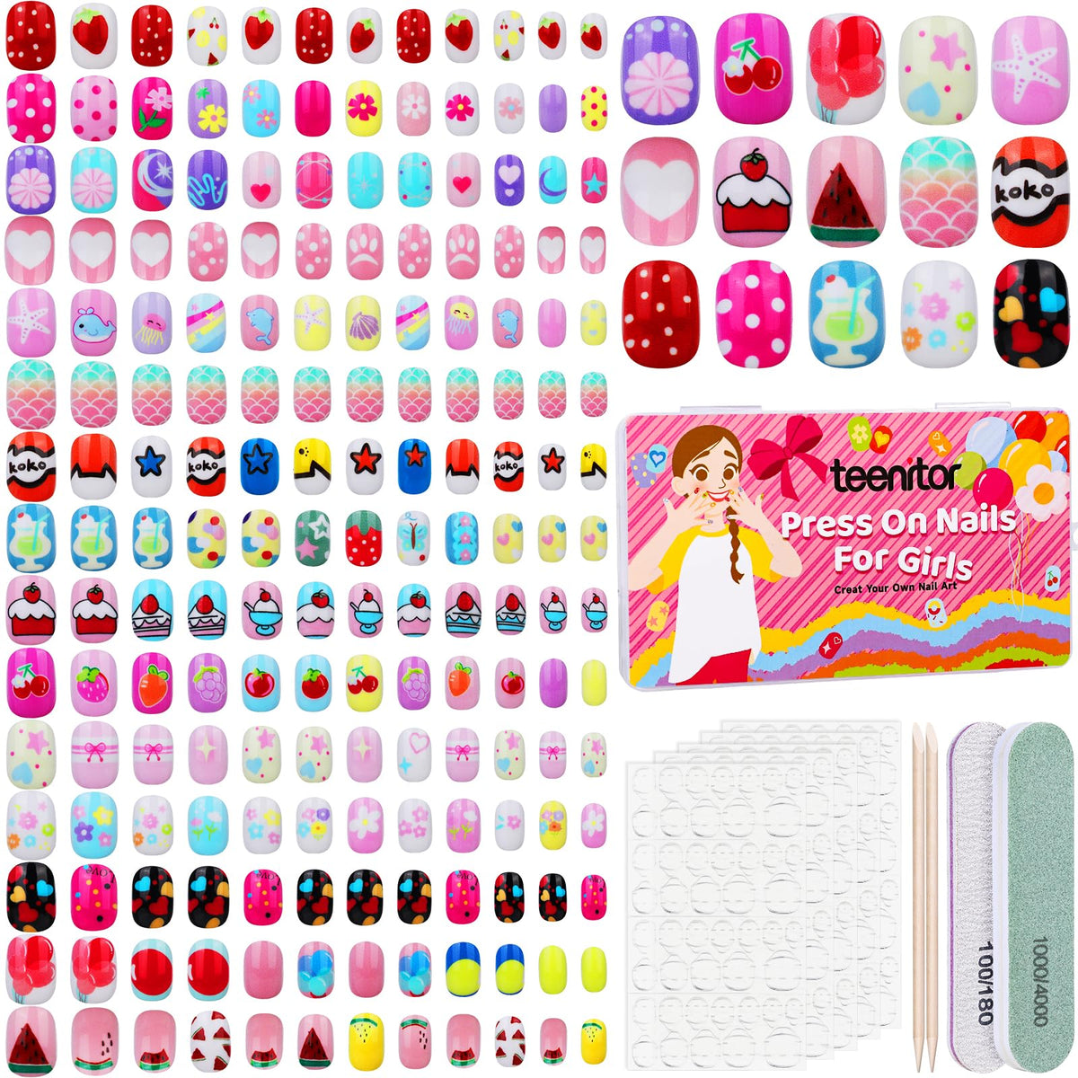 Teenitor 360 Pcs Press On Nails, 15 Styles 12 Sizes Press On Nails for Kids Girls 8-15 Years, Fake Acrylic Kids Nails with Nail Adhesive Tabs, Nail File Nail Buffer
