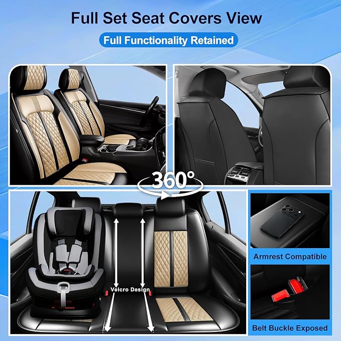 Fit Accord Car Seat Covers for Select Honda Accord 2012-2026 - Premium Full Coverage Leather, Airbag Compatible, Waterproof & All Weather Seat Protector, Full Set, Black+Beige