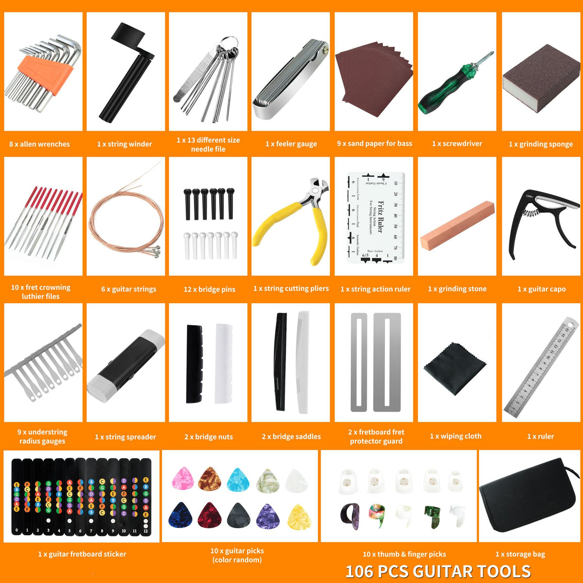 106Pcs Guitar Tool Kit, Guitar Accessories Guitar Maintenance Kit, Guitar Repair Kit with Capo Guitar Strings Picks Bridge Pins Gauge, TIMDAM Guitar Setup Kit for Ukulele Bass Mandolin Banjo Guitar