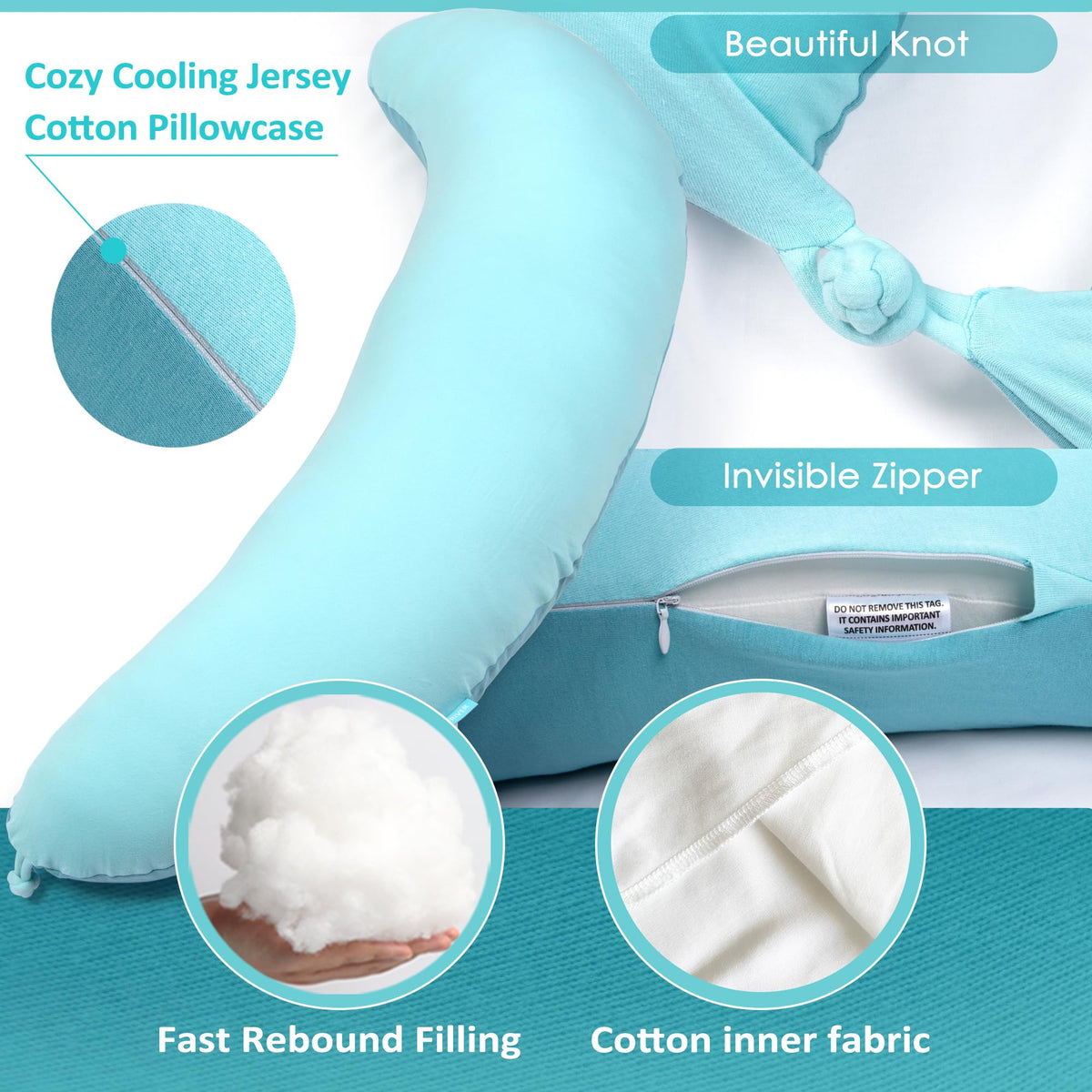 BYRIVER 43" Mint Green Cooling Side Sleeping Body Pillow for Adults Women Men, Contour Curved J Shaped Hugging Pillow for Pregnancy Belly Leg Knee Support (XL)
