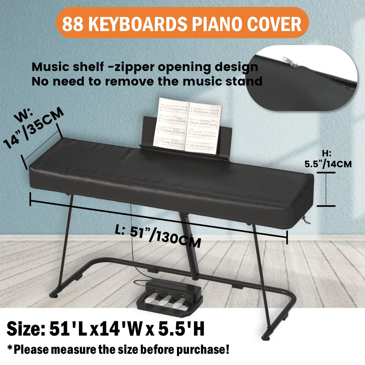61/88 Keys Piano Cover,Waterproof,Dustproof,UV-proof Digital Piano Cover for 61/88Keys , 420D silver coated Oxford cloth, with Music Stand Zipper, Adjustable Drawstring (BLACK-88KEYS)