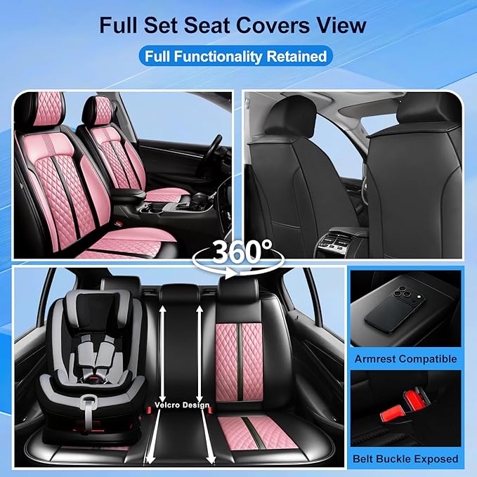 Fit Civic Car Seat Covers for Honda Civic 2020-2026 Sedan(Not for Coupe) - Premium Full Coverage Leather, Waterproof All Weather Breathable Seat Cushion Protector, Full Set, Black+Pink