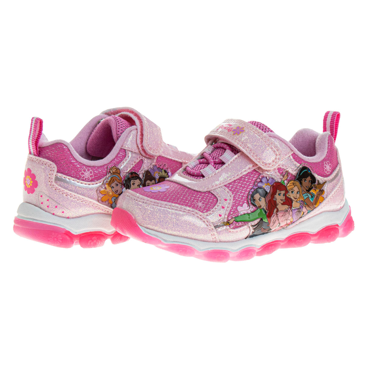 Disney Princess Shoes LED Light Up - Cinderella Snow White Belle Tiana - Girls Athletic Lightweight Tennis Breathable Running Sneakers - Pink (Size 10 Toddler)