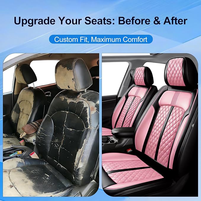 Fit Civic Car Seat Covers for Honda Civic 2020-2026 Sedan(Not for Coupe) - Premium Full Coverage Leather, Waterproof All Weather Breathable Seat Cushion Protector, Full Set, Black+Pink