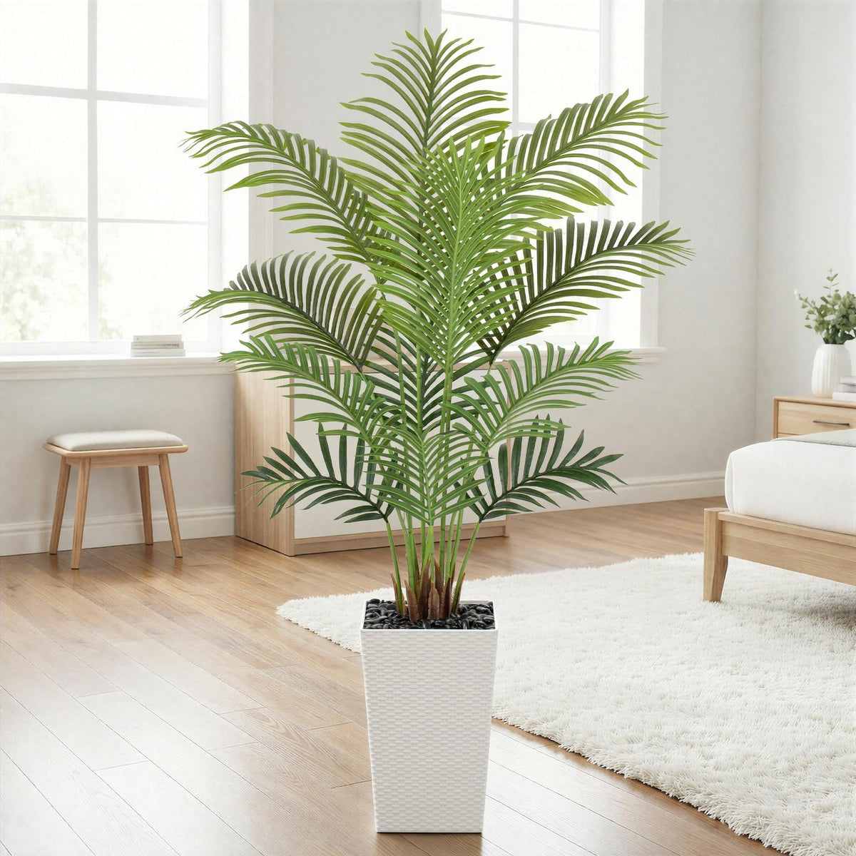 Keeplush 5ft Artificial Palm Tree with White Planter - Tall Fake Palm Tree Indoor Fake Tropical Plant for Home Office Living Room Bedroom Modern Decor