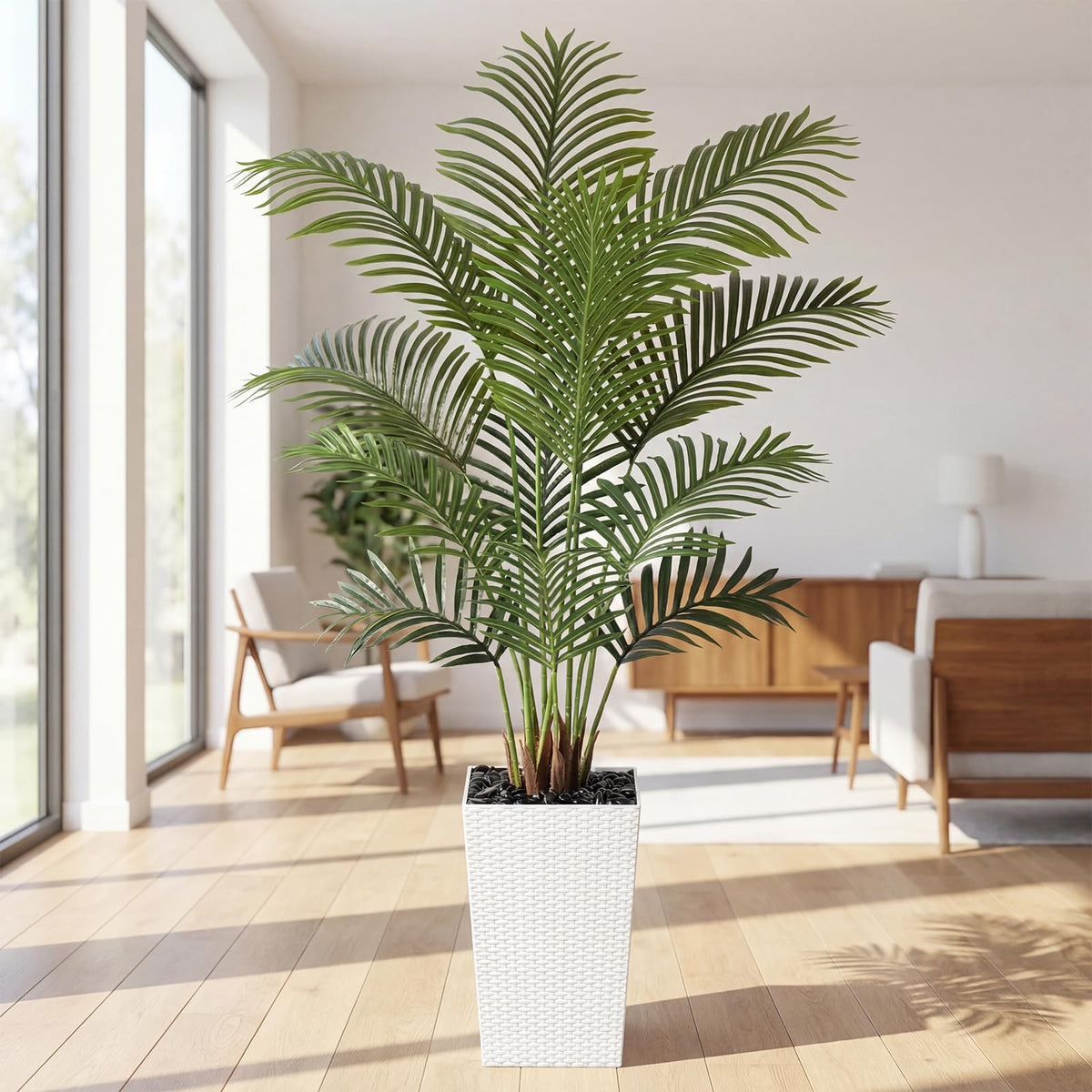 Keeplush 5ft Artificial Palm Tree with White Planter - Tall Fake Palm Tree Indoor Fake Tropical Plant for Home Office Living Room Bedroom Modern Decor