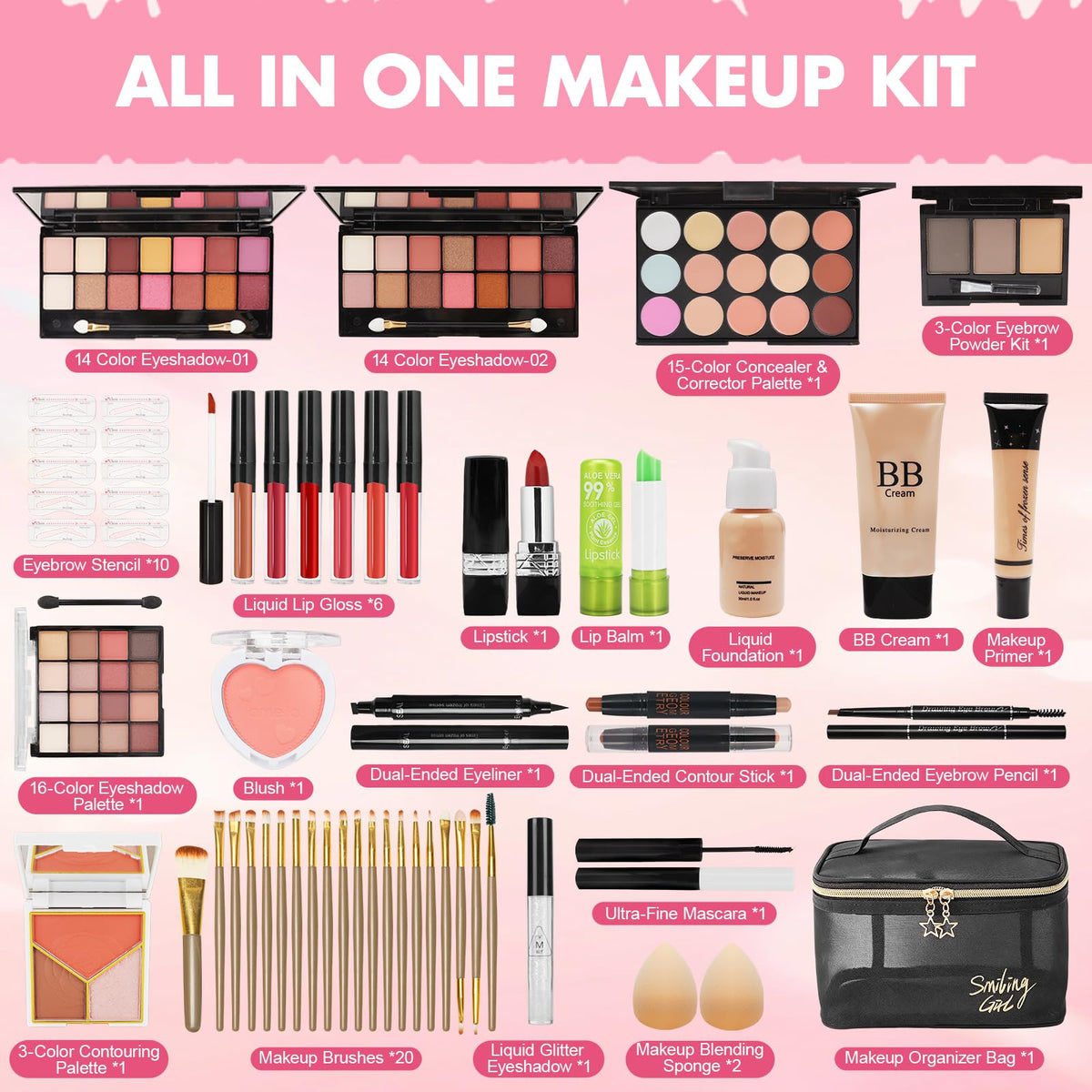 Makeup Kit for Teens & Girls, Makeup Gift Set for Beginners Teenager, Makeup Essential Bundle Includes Foundation Eyeshadow Contour Palette Lipstick Eyeliner Mascara Cosmetic Brush Set