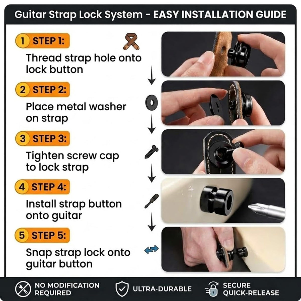 Guitar Strap Locks 2 Pack, Heavy Duty Zinc Alloy Quick Release Strap Buttons, Anti-Slip Mushroom Head Security Locking System for Metal Fasteners for Electric, Acoustic, Bass Guitars Black