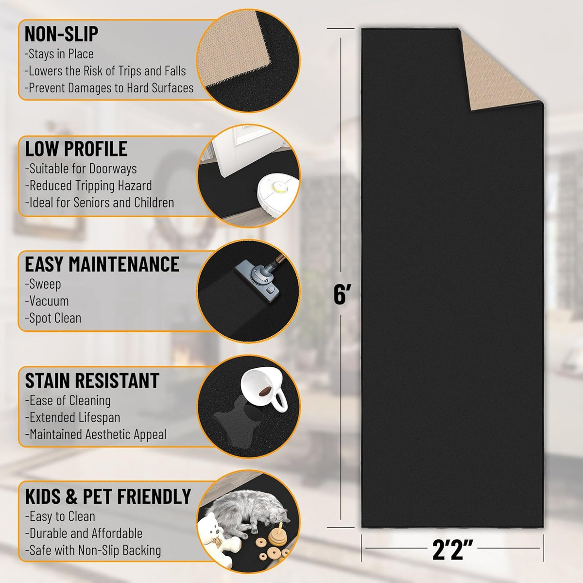 Ottomanson Hallway Runner Rug 2'2" x 6' Non Slip Solid Area Rugs Easy to Clean Laundry Rug Runner Durable & Pet Friendly Floor Carpet Runners for Hallways Entryway Living Room Kitchen, Black