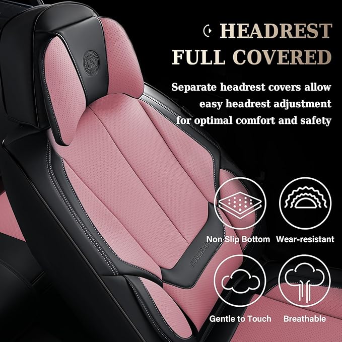 Coverado Universal Seat Covers Front, 2-Pack Universal Seat Covers for Cars, Waterproof Nappa Leather Car Seat Covers with Head Pillow, Auto Protectors Fit for Most Sedans Pick-up Truck-Black&Pink