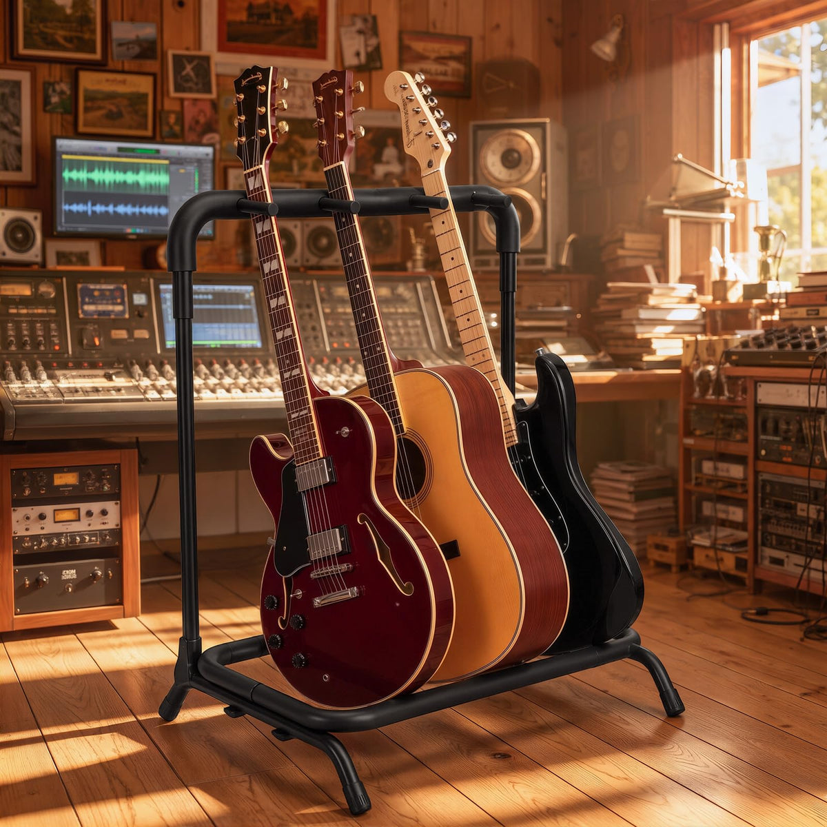 Tipatyard 3 Multi Guitar Stand Rack with 12 Guitar Picks - Foldable Multi Guitar Rack with Guitar Picks in 4 Thicknesses - Universal Guitar Holder for 5 Guitars - Ideal for Acoustic Guitar, Electric Guitar, Bass