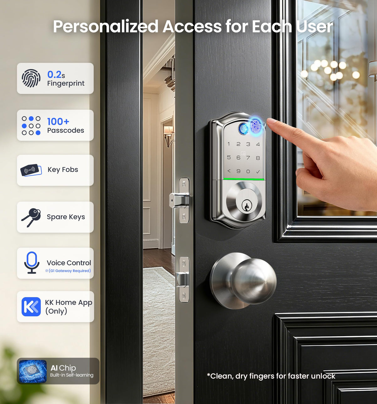 Veise VE017 Fingerprint Smart Door Lock with App Control, Satin Nickel