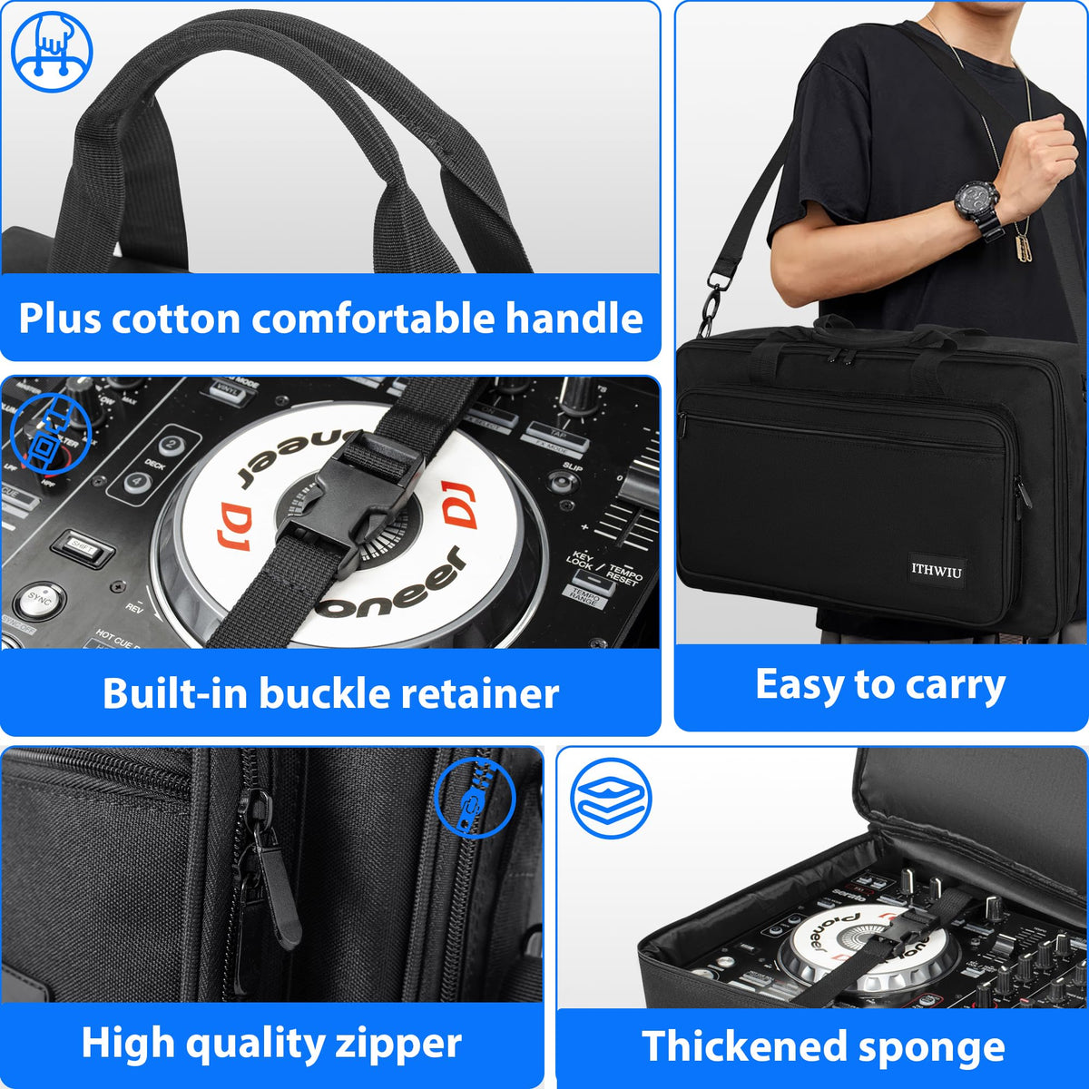 ITHWIU DJ Carrying Case Fits DDJ 200, ddj-wego3, AKAI MK3, Native Maschine Mikro Mk3, Hercules DJ Control Inpulse 200, Numark Party mix, Multi-FX pedals, line 6 helix floor, 16 x 10 x 2.5 Inch, Black