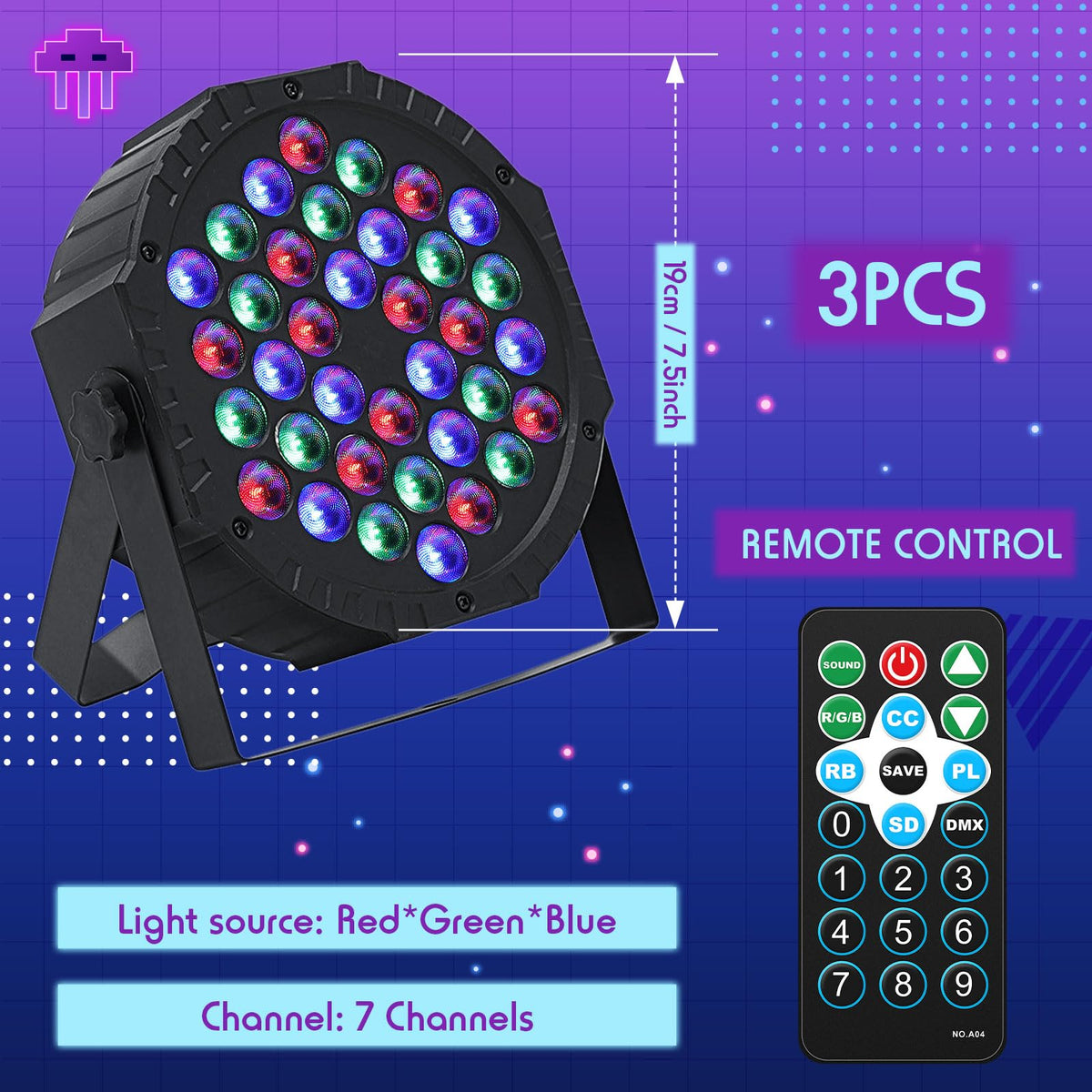 3 Pack LED Par Lights DJ Stage Light 7 Channel Par Lighting for Stage with Remote Control and DMX Control Sound Activated Uplights Party Lights for Christmas Music Party Disco Wedding (36 LED)