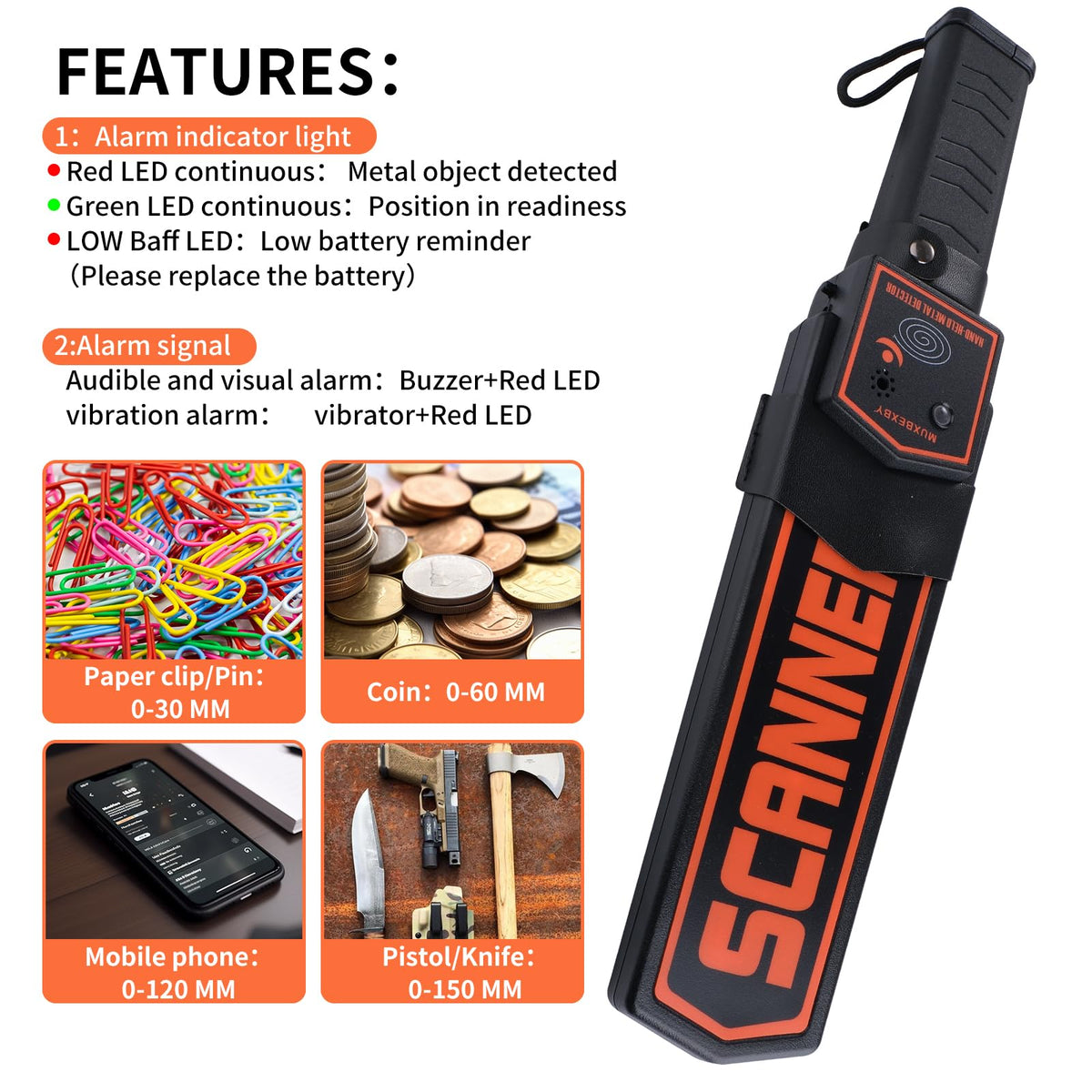 Professional Security Metal Scanner,Handheld Metal Detector Wand for Adults,Adjustable Sensitivity Scan, with 9v Battery,Portable High Security Metal Check