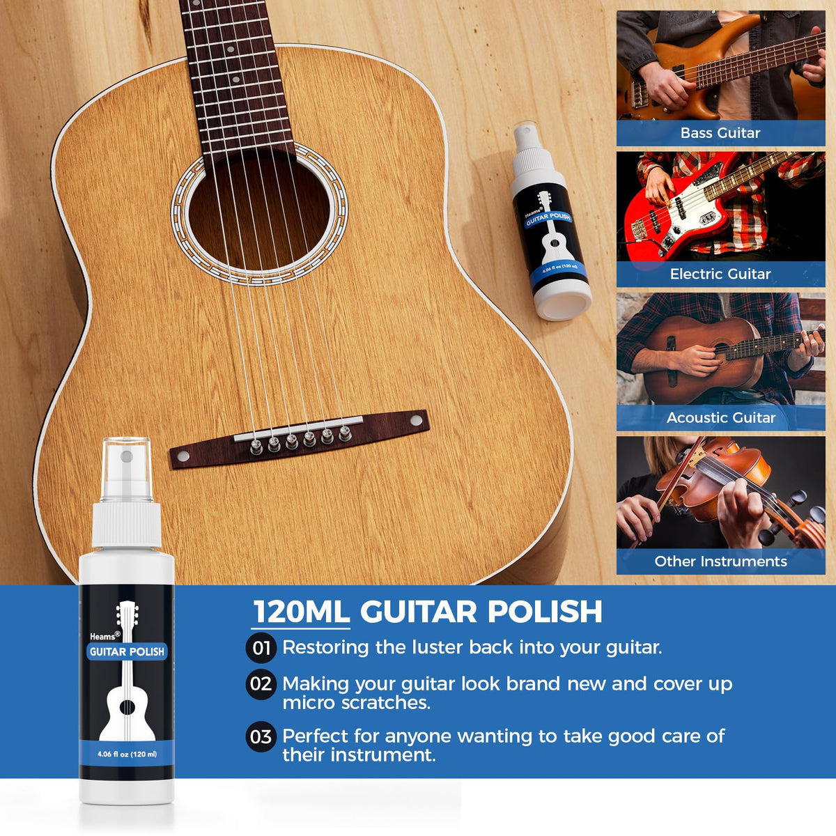 Heams Professional 6 in 1 Guitar Cleaning Kit, All-in-One, 120ML, 20% More