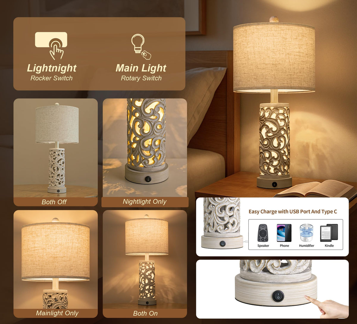 OYEARS 22'' Farmhouse Table Lamp for Living Room, Bedside Lamp with 2 USB Ports for Bedroom, Rustic Nightstand Lamp with Linen Lampshade for Office Hallway Home Decor, Distressed Grey (Bulb Included)