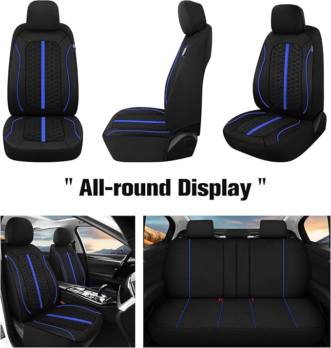 Breathable Premium Car Seat Covers Full Set，3D Air-Mesh Seat Covers for Cars，Comfortable Safety Airbag Compatible，Universal for Most Cars Sedan Truck SUV(Black/Blue)