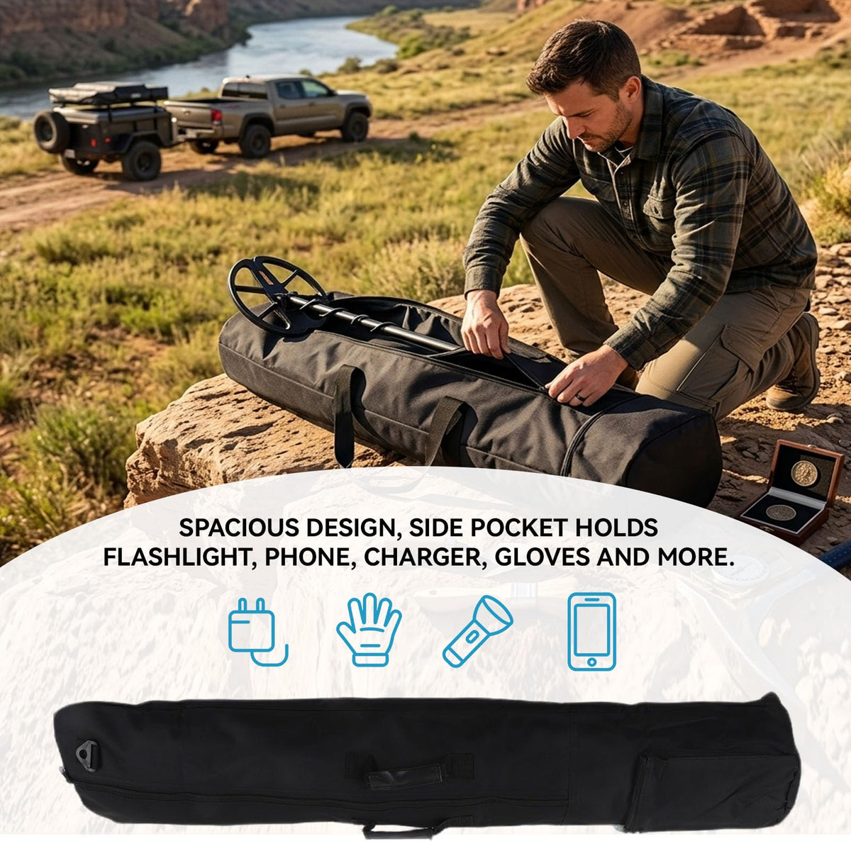 41.3in Universal Metal Detector Carry Bag, Water Proof Outdoor Detecting All Purpose Padded Carry Bag Metal Detector Travel Bag with Pocket for All Metal Detectors, Black