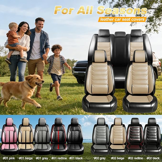 Car Seat Covers for Select Honda Fit 2007-2020, Premium Full Coverage Leather, Airbag Compatible& Scratch-Resistant, Waterproof & All Weather Breathable Seat Protector, Full Set, Black+Beige