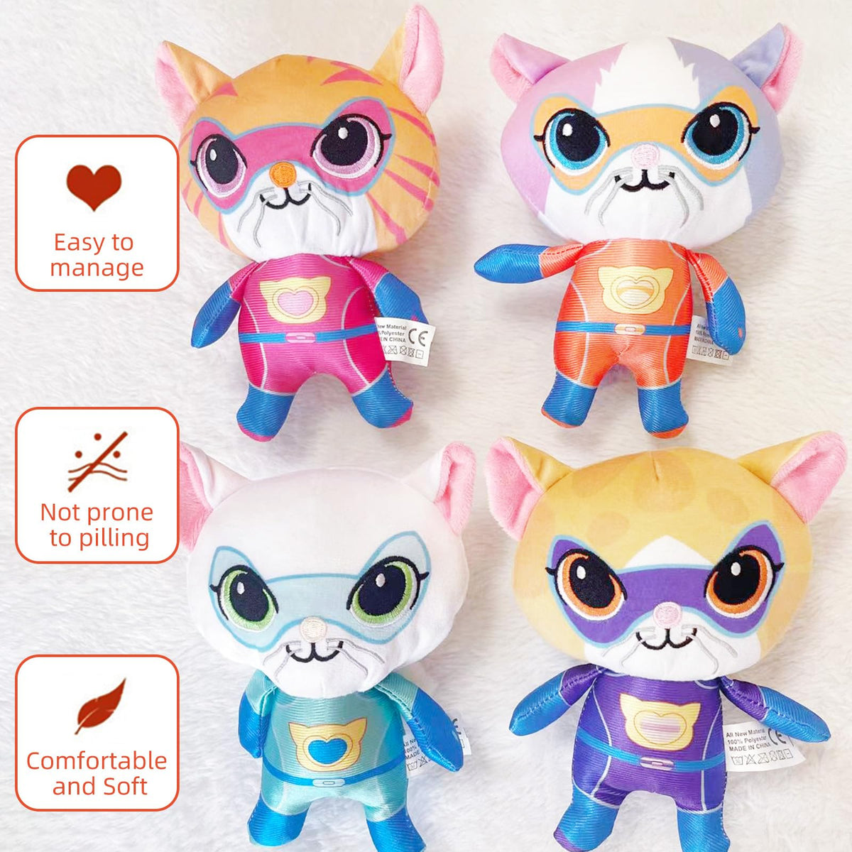 YXCTZKVX Super Cat Plush Toy – Set of 4 Soft Stuffed Animals – Sparks, Buddy, Ginny, Bitsy – Adorable Kitties Gift Set for Children(8Inch)