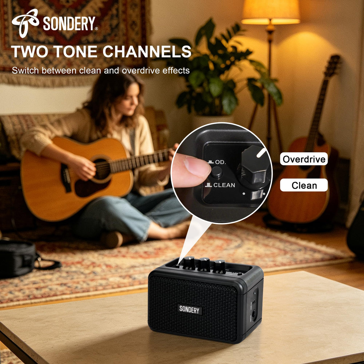 Sondery 5W Mini Amp for Electric Guitar Rechargeable with OD Clean Effects