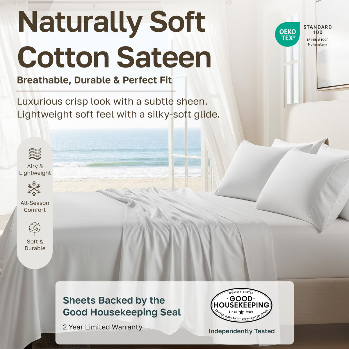 Soft Natural 100% Cotton Sateen Queen Sheets, 4 Pc Set, Bright White
