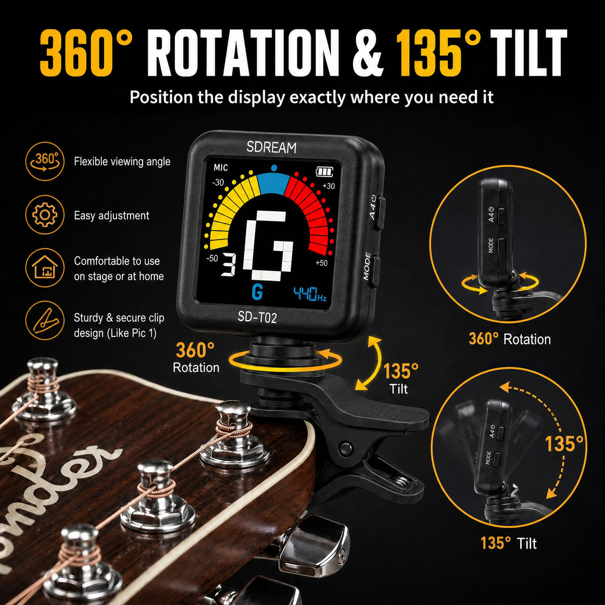 SDREAM Professional Guitar Tuner Clip On, Rechargeable Tuner with Extra Large LCD Display, Fast & Accurate Tuning for Acoustic Guitar, Electric Guitar, Bass, Ukulele & Chromatic, 360° Rotatable