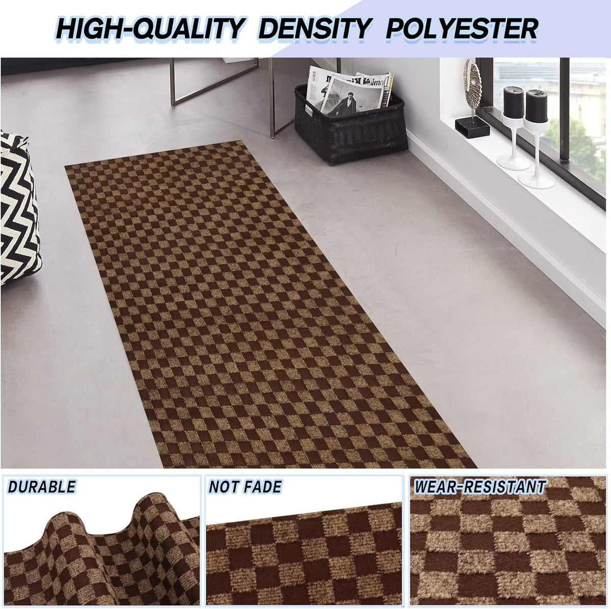 Custom Size Backed Non-Slip Area Rugs Runner, Easy Clean, Waterproof Runner Rugs for Hallway Entryway, Kitchen, Laundry, 3FT x 73FT, Brown Checkered