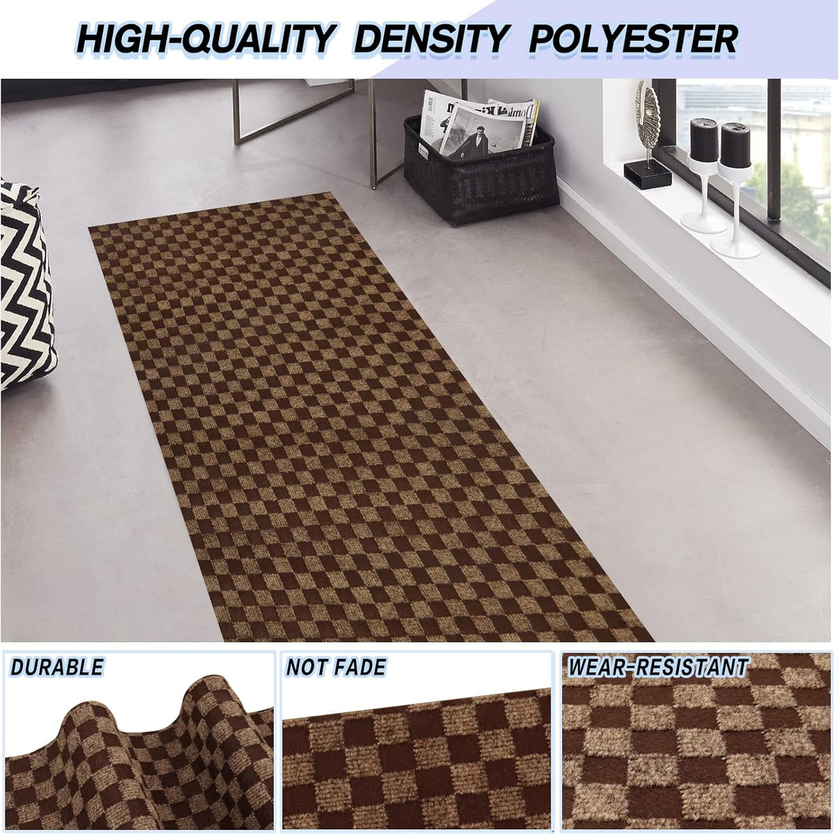 Custom Size Backed Non-Slip Area Rugs Runner, Easy Clean, Waterproof Runner Rugs for Hallway Entryway, Kitchen, Laundry, 4FT x 62FT, Brown Checkered