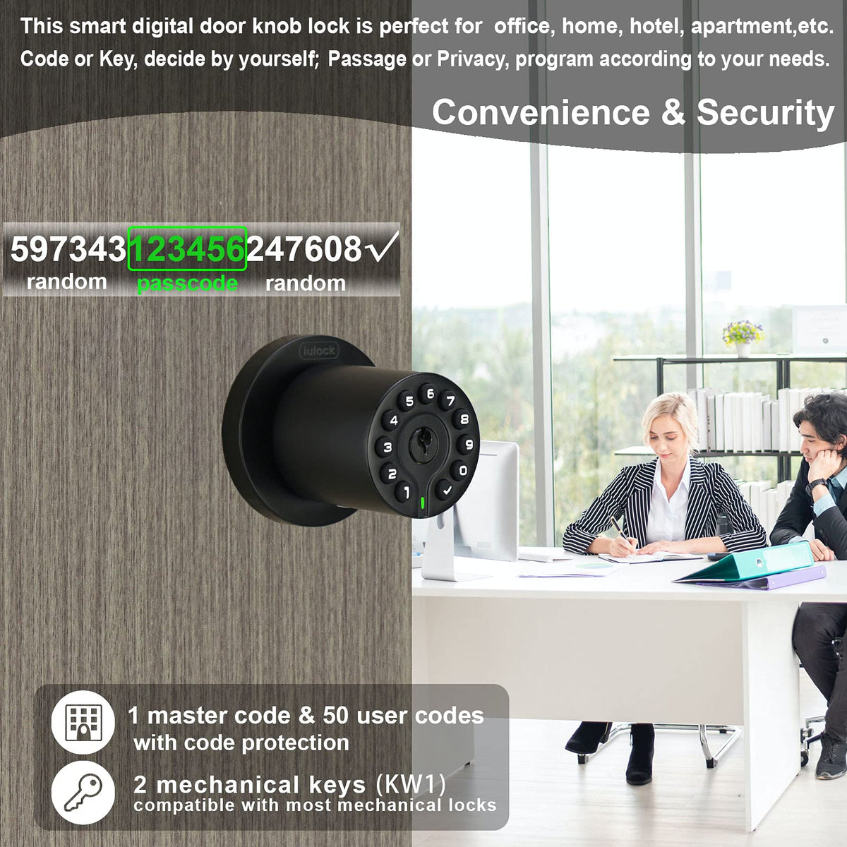 iulock IU-20 Code Door Lock, Electronic Door Knob with Keypad and Key, Auto Lock, Waterproof, Passage Function, Long Battery Life,50 Codes, Easy to use and Install for Office/Warehouse/Bedroom/Garage