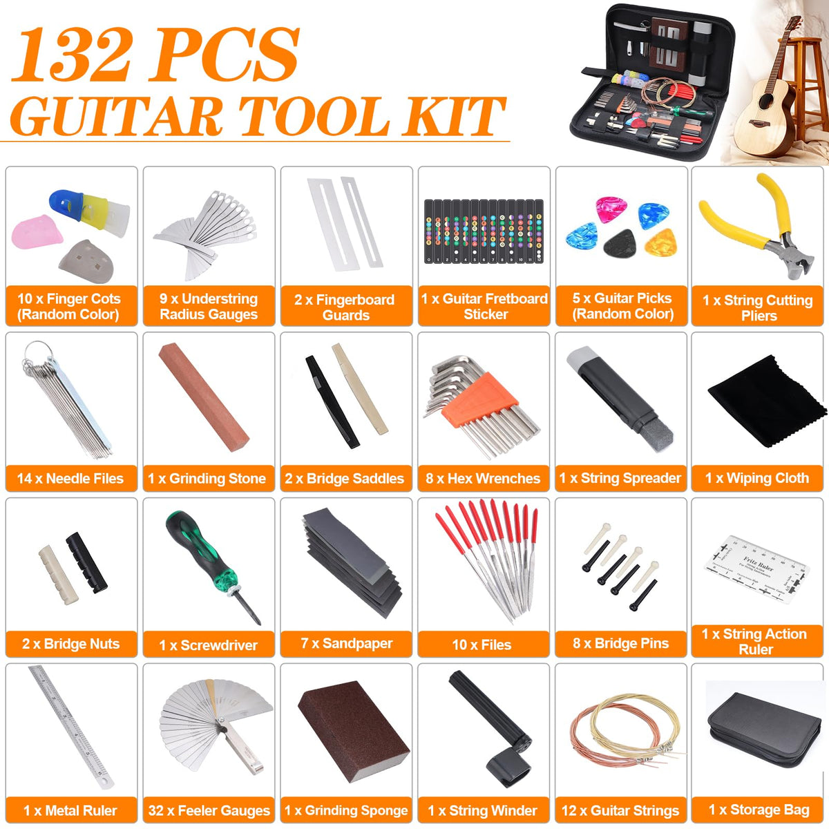 Guitar Tool Kit, 132 Pcs Professional Guitar Repair Kit, Guitar Maintenance Kit with Guitar Tools Accessories and Carry Bag, Guitar Setup Kit for Electric Guitar Acoustic Guitar Ukulele Banjo Bass