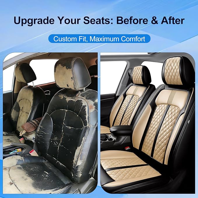 Fit HR-V Car Seat Covers for Honda HRV 2016-2025 2026 LX/EX/EXL/Sport - Full Coverage Leather, Airbag Compatible, Breathable Waterproof All Weather Seat Protector, Full Set, Black+Beige
