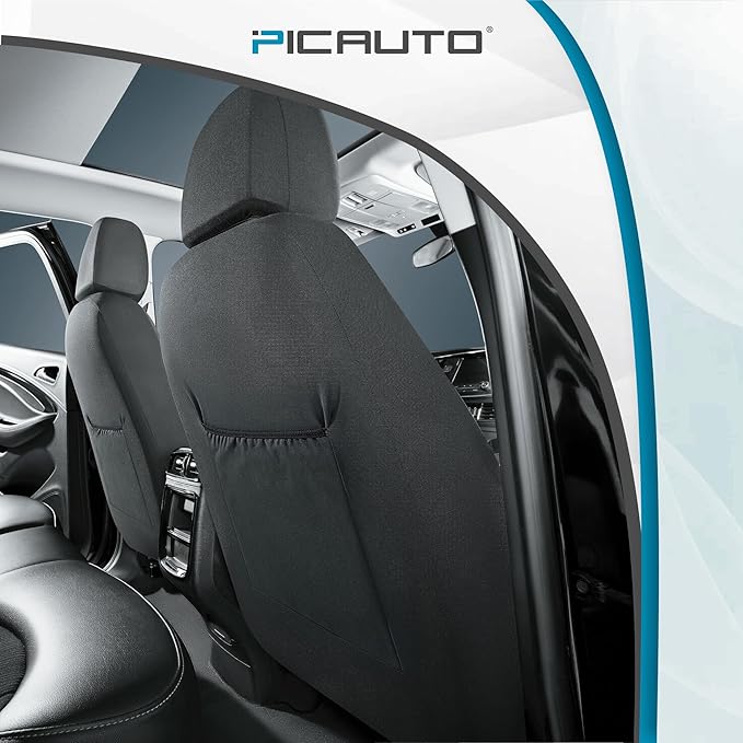 PIC AUTO Leather Car Seat Covers, Premium Automotive Waterproof Front & Rear Full Set Bucket Car Seat Protectors, Black and Beige PVC Patchwork, Fits for Cars, Trucks, Van, SUV, Airbag Compatible